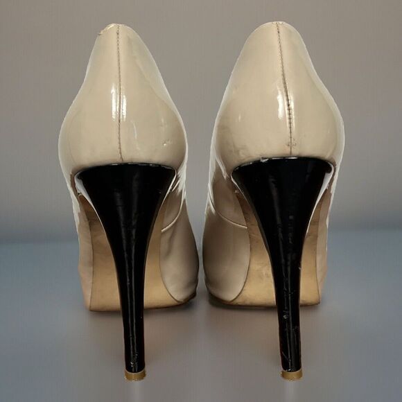 Guess Shoes Stiletto Dress High Heels Peep Toe Patches Nude Black Women 7.5 Twee - Picture 3 of 7